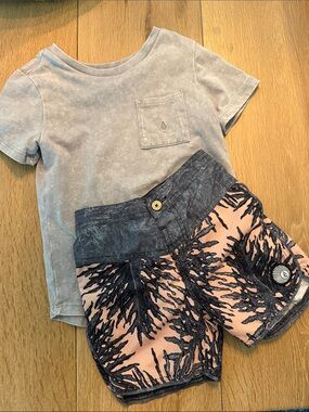 Volcom Pink and Charcoal Palm-Print Board Shorts